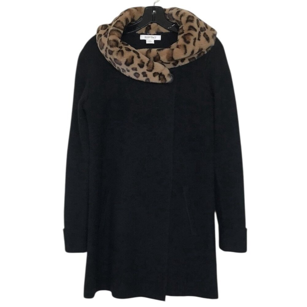 Ellen Tracy Sweater Jacket Womens Size Medium‎ M Black Leopard Removable Collar